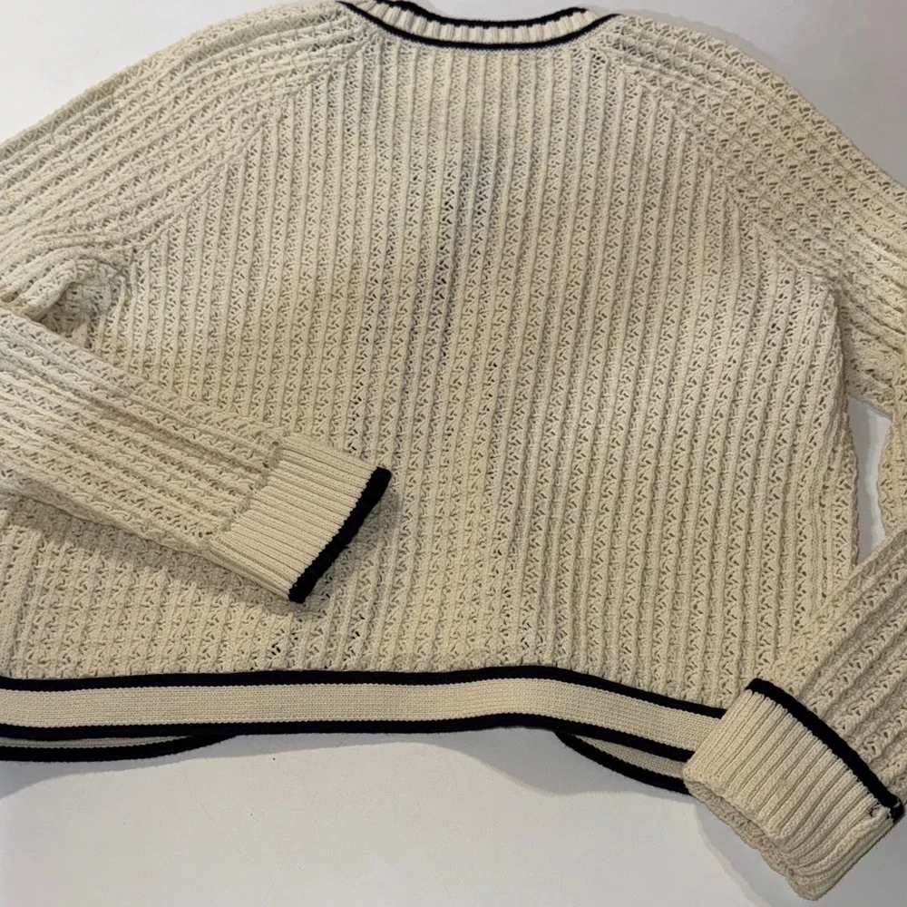 Lucky Brand Granny Cottage Core Cream Cardigan with Navy Trim and Gold Buttons - Picture 5 of 5